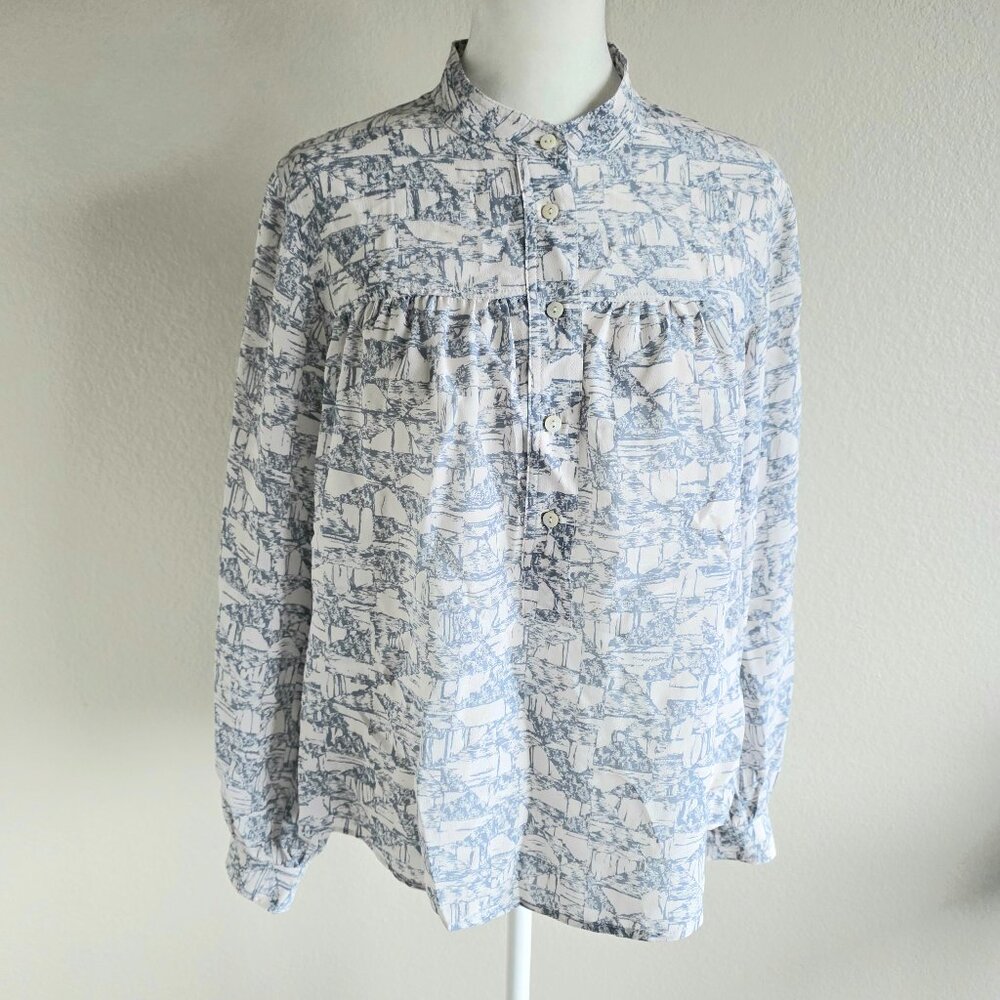 WRAP London Silk Blouse Slate Blue & White Abstract Popover Long Sleeve Size 2